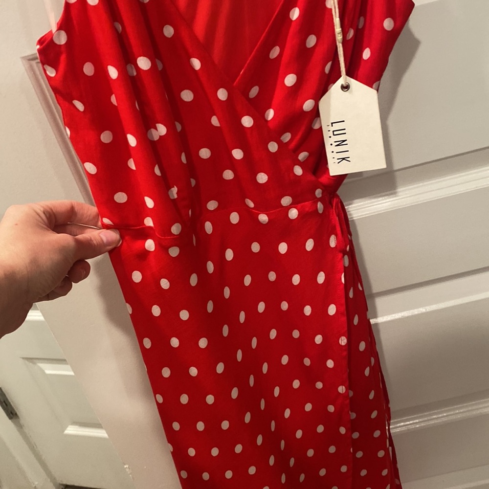 Lunik Red Polka Dot Wrap Dress NWT - Picture 3 of 8